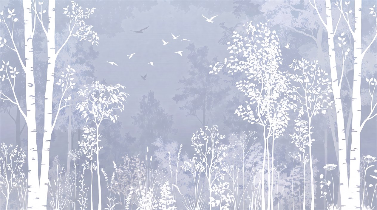 Pale Blue Birch Forest With Flying Birds Wallpaper Mural — Wallpaper Mural Design, Peel-and-stick Finish
