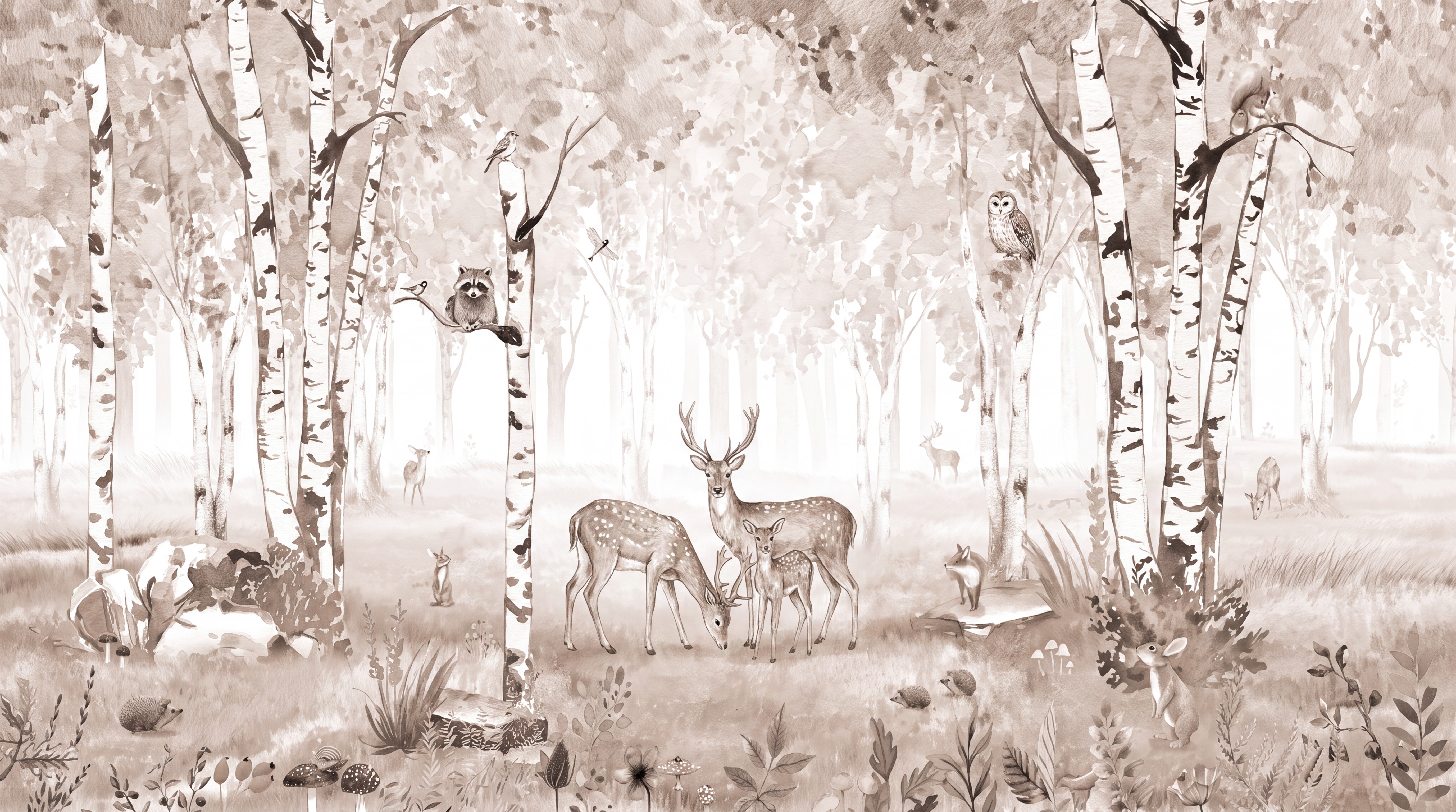 Tan And Neutral Woodland Trees Decorative Wallpaper Mural, Peel-and-stick Finish