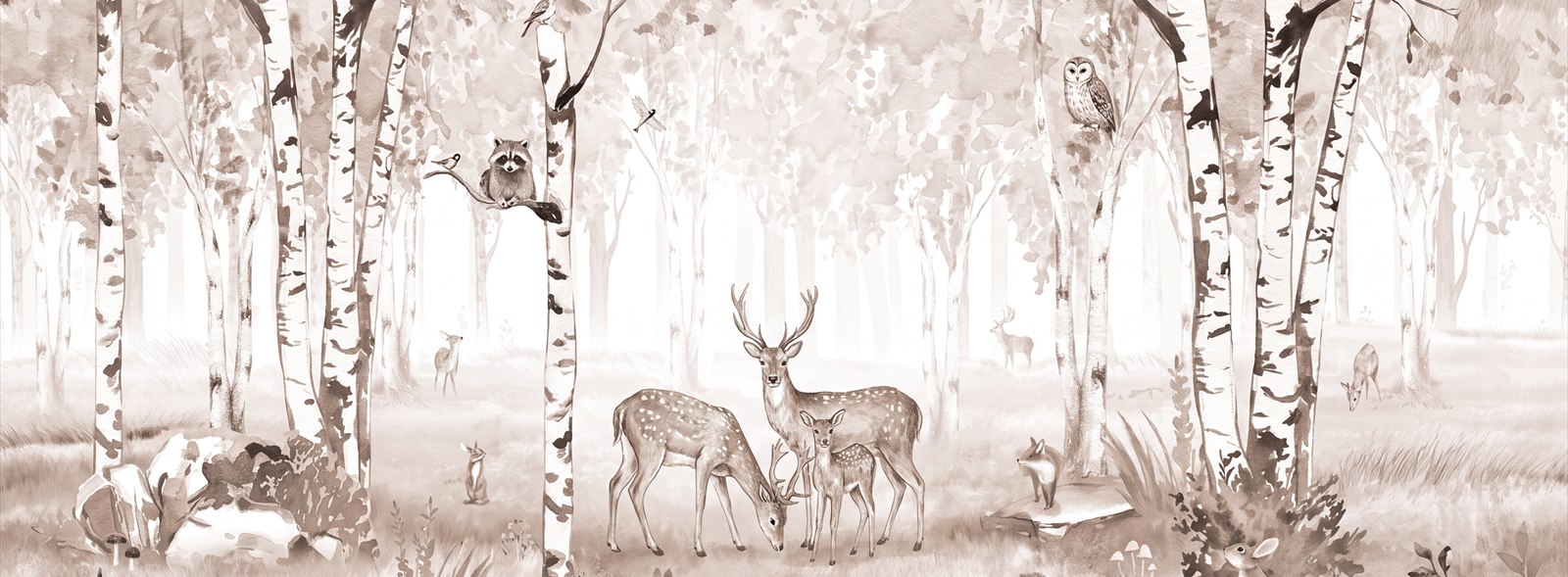 Tan And Neutral Woodland Trees Decorative Wallpaper Mural Accent-wall-wallpaper-murals, Peel-and-stick Finish