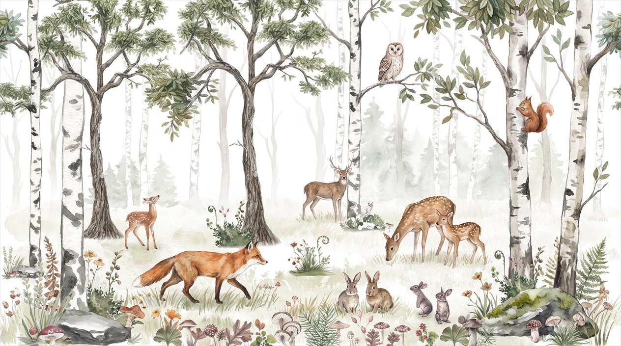 Watercolour Birch Forest Deer Fox And Rabbits Wallpaper Mural — Wallpaper Mural Design, Peel-and-stick Finish