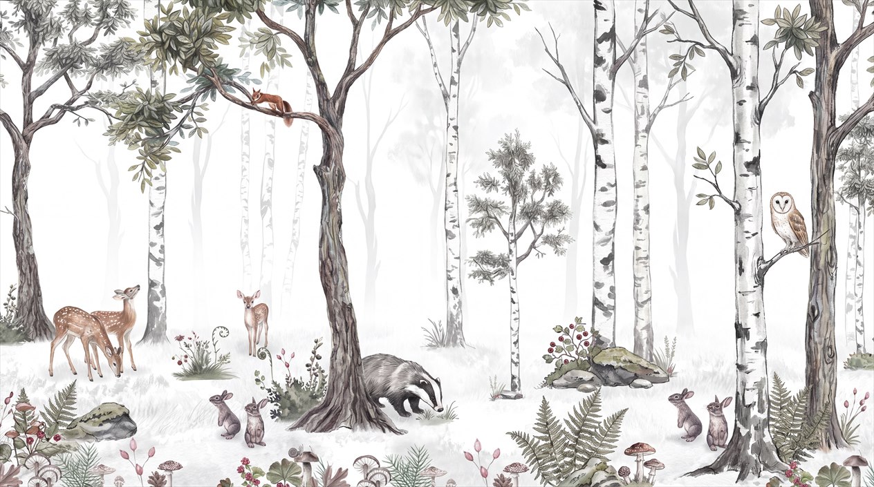 Neutral Birch Forest Badger Deer And Owl Wallpaper Mural — Wallpaper Mural Design, Peel-and-stick Finish