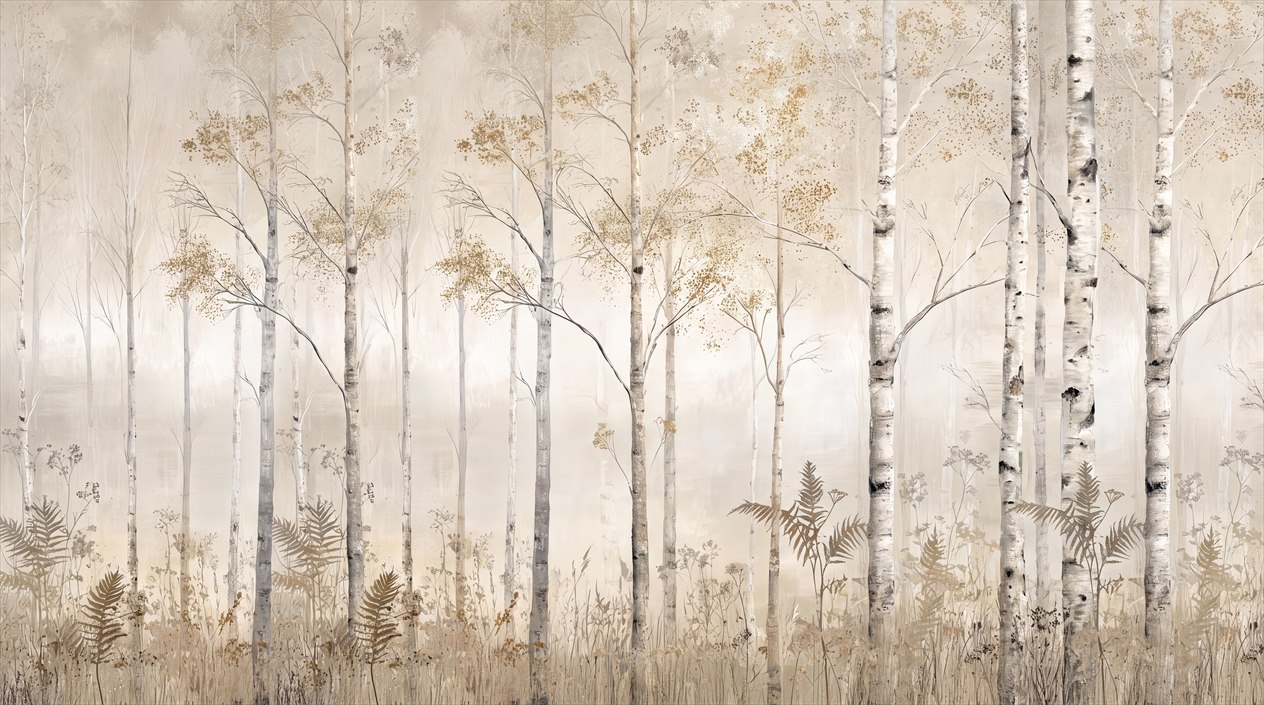Tan Birch Grove With Ferns Wallpaper Mural — Wallpaper Mural Design, Peel-and-stick Finish