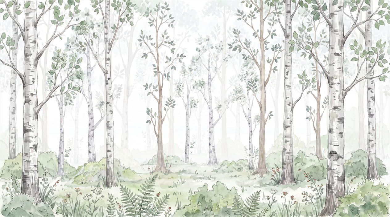 Soft Sage Birch Woodland Watercolour Wallpaper Mural — Wallpaper Mural Design, Peel-and-stick Finish