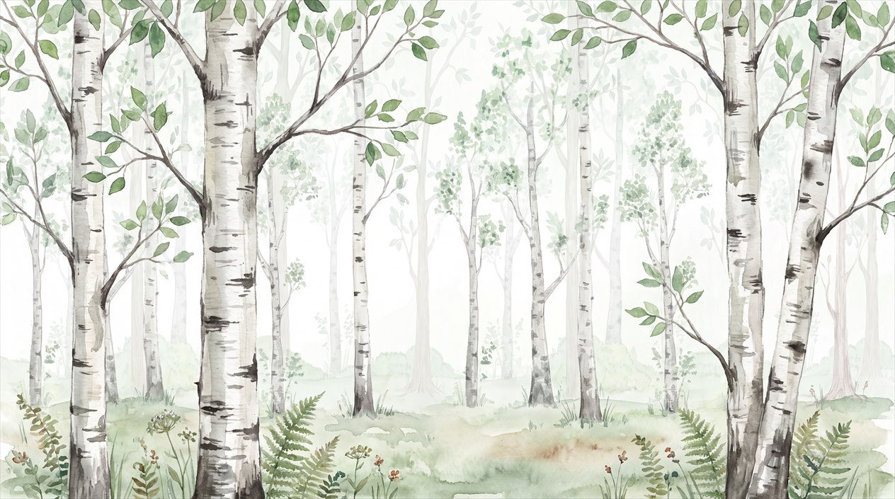Leafy Green Birch Forest Watercolour Wallpaper Mural — Wallpaper Mural Design, Peel-and-stick Finish