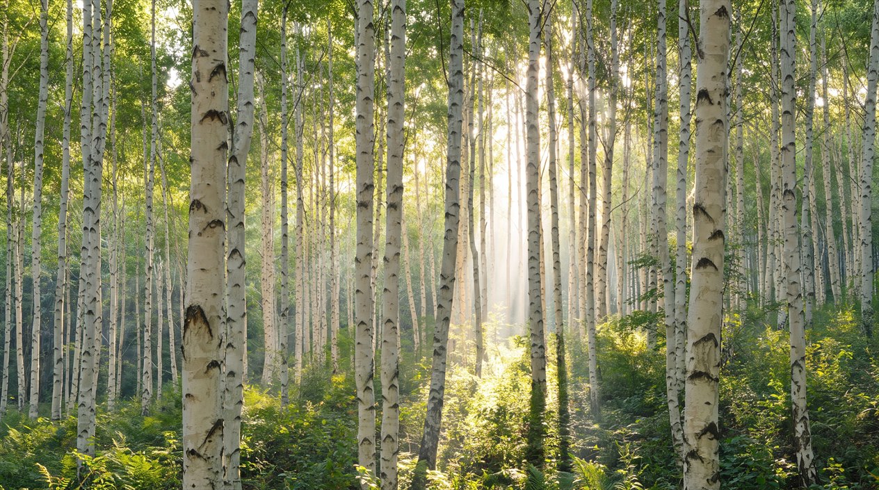 Sunlit Green Birch Forest Wallpaper Mural — Wallpaper Mural Design, Peel-and-stick Finish
