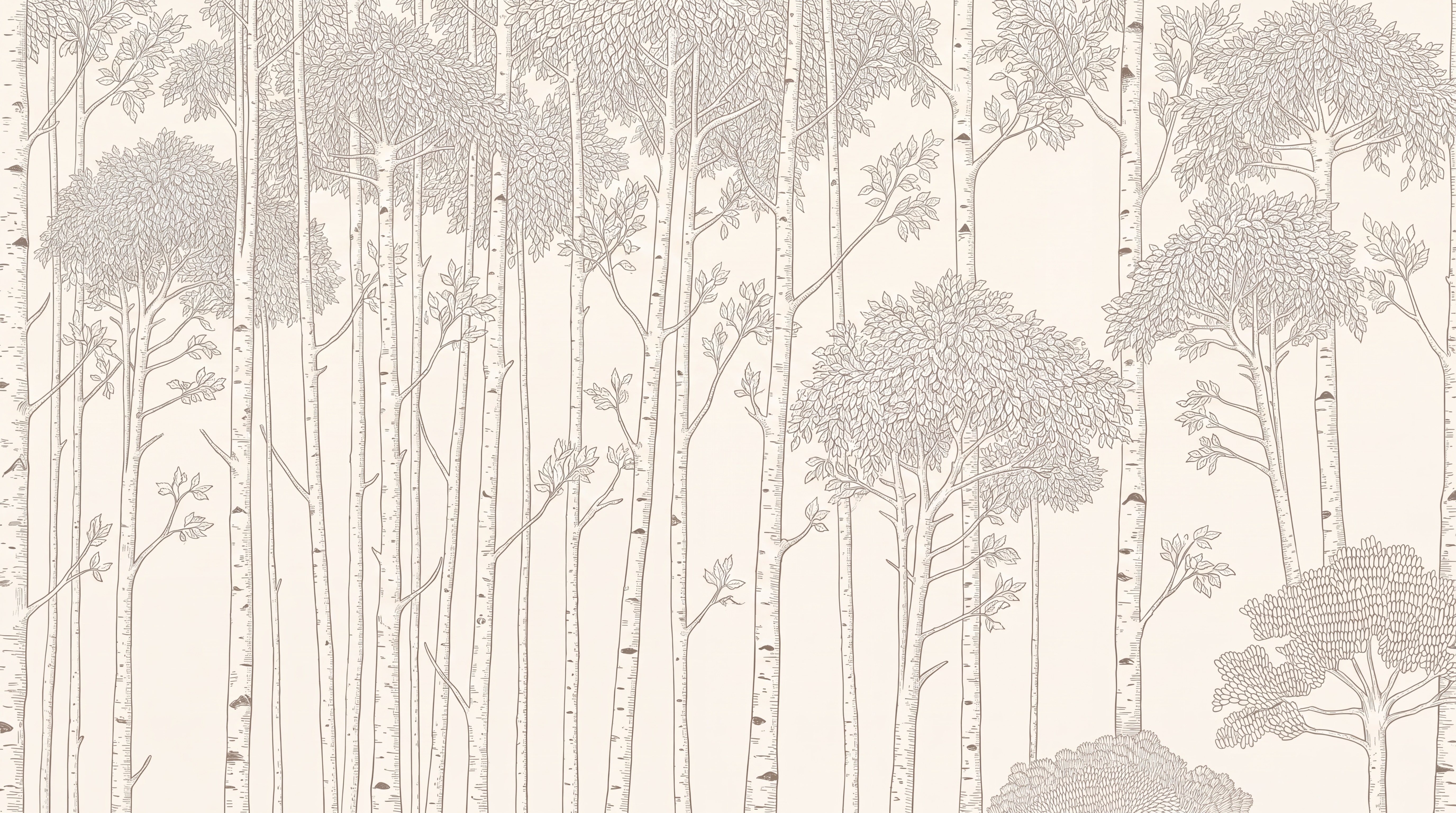 Flat tan line-drawn woodland design with many slim trunks, not installed in an alcove