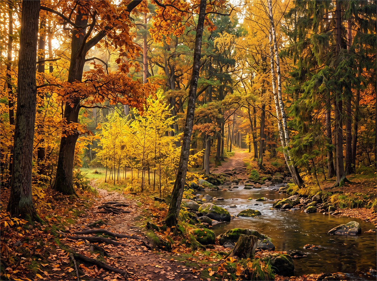 Golden Autumn Forest Trail And Rocky Stream Wallpaper Mural — Wallpaper Mural Design, Peel-and-stick Finish