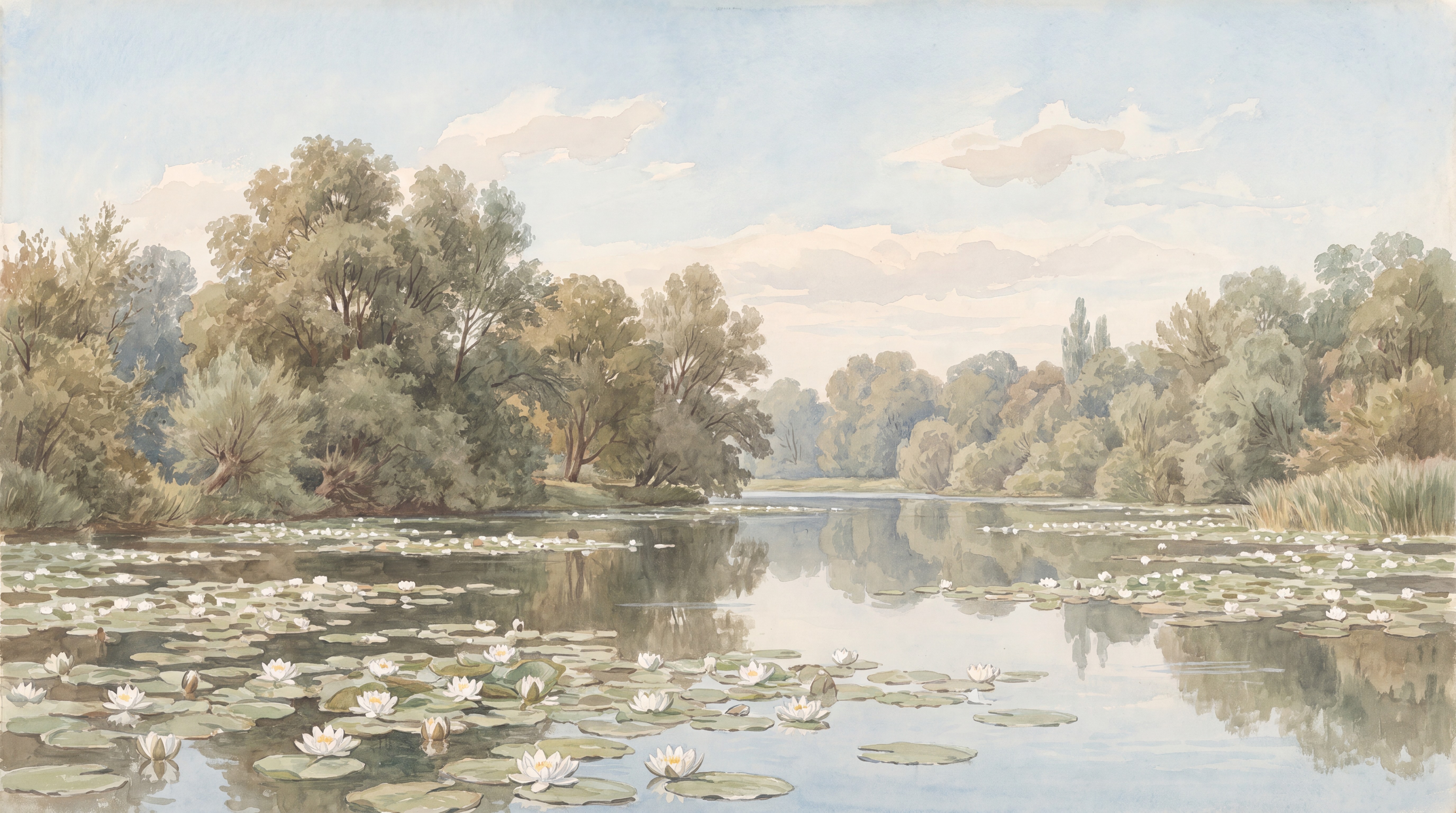 Pale painted pond with water lilies, trees and open sky for testing a mural crop
