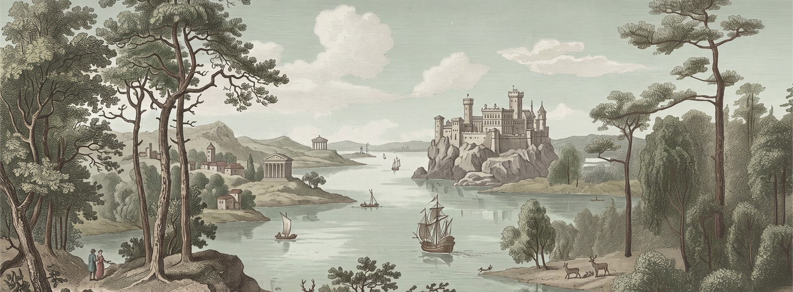 Vintage Castle Lake And Sailboats Engraving Wallpaper Mural — Wallpaper Mural Design, Peel-and-stick Finish