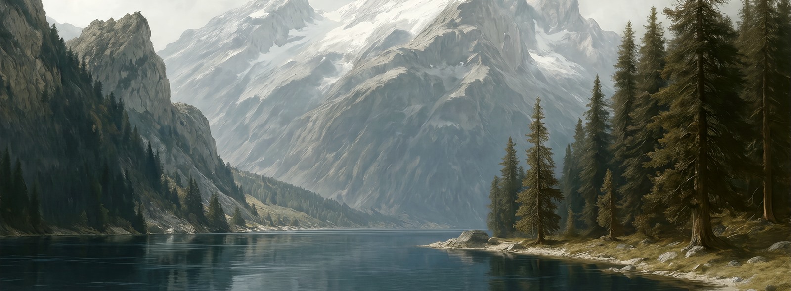 Snowy Alpine Mountain Lake And Pine Forest Wallpaper Mural — Wallpaper Mural Design, Peel-and-stick Finish