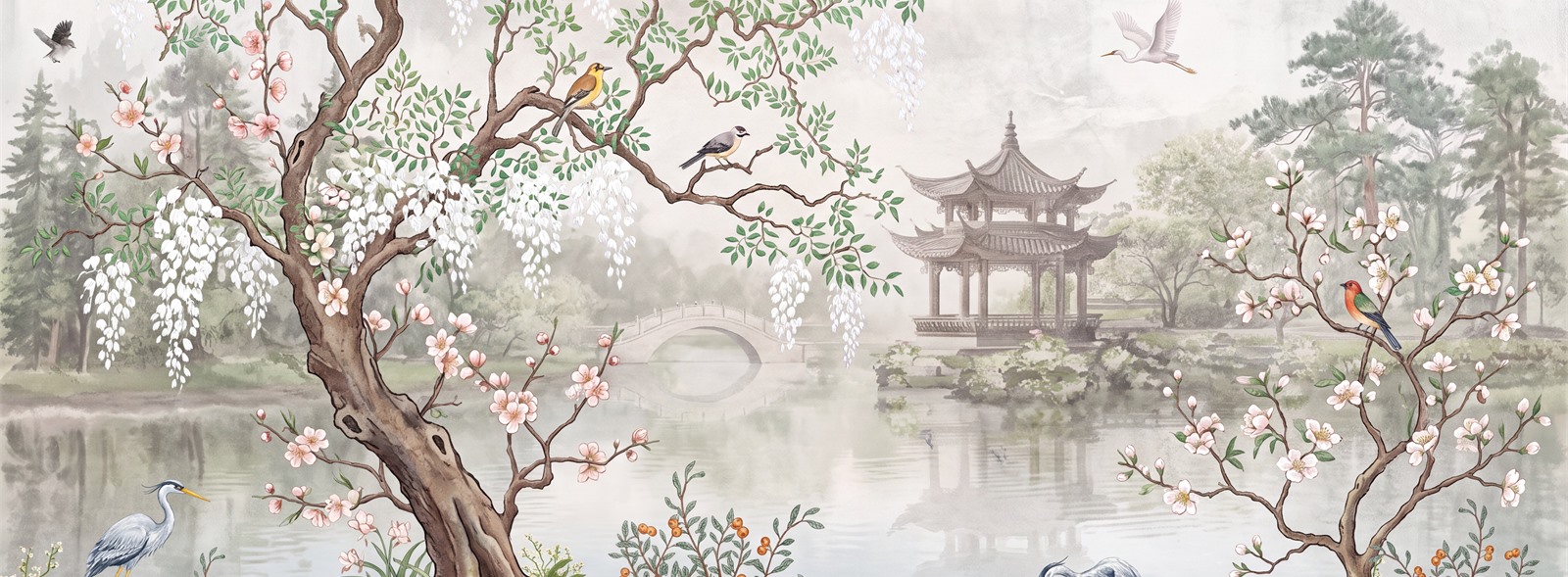 Japanese Garden Pavilion And Flowering Trees Wallpaper Mural — Wallpaper Mural Design, Peel-and-stick Finish