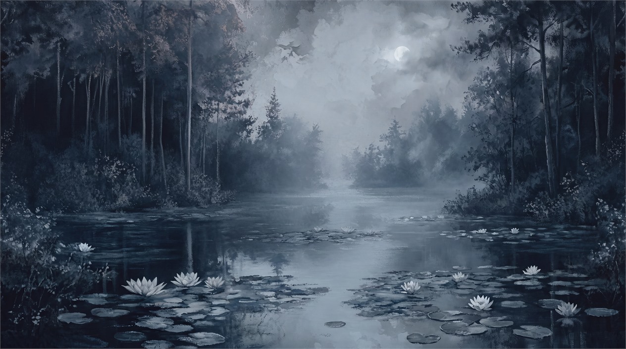 Moonlit Blue Forest Lily Pond Wallpaper Mural — Wallpaper Mural Design, Peel-and-stick Finish