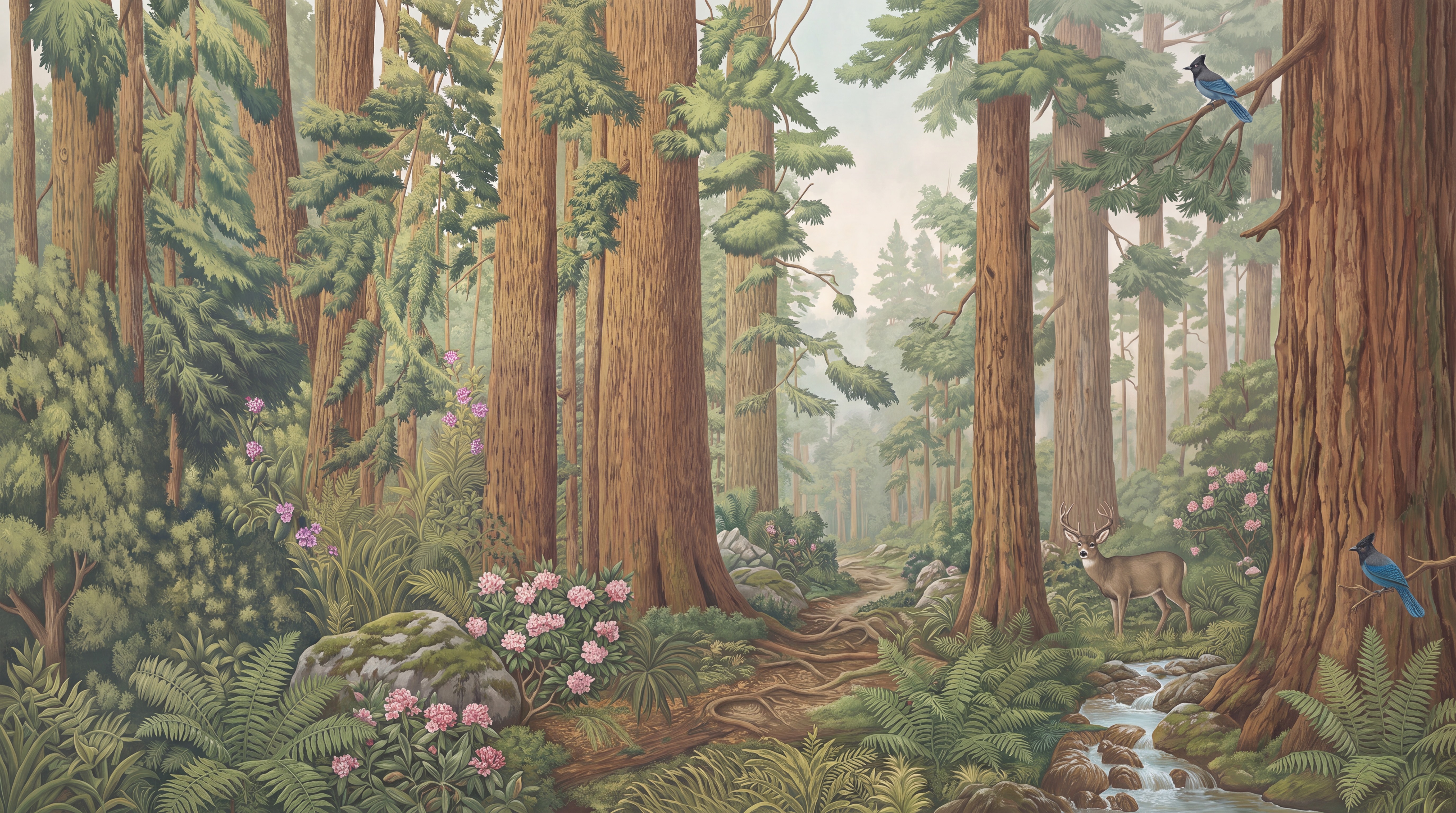 Red And Green Woodland Trees Watercolour Wallpaper Mural, Peel-and-stick Finish