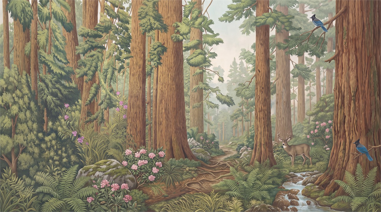 Redwood Forest Path With Wildflowers Wallpaper Mural — Wallpaper Mural Design, Peel-and-stick Finish