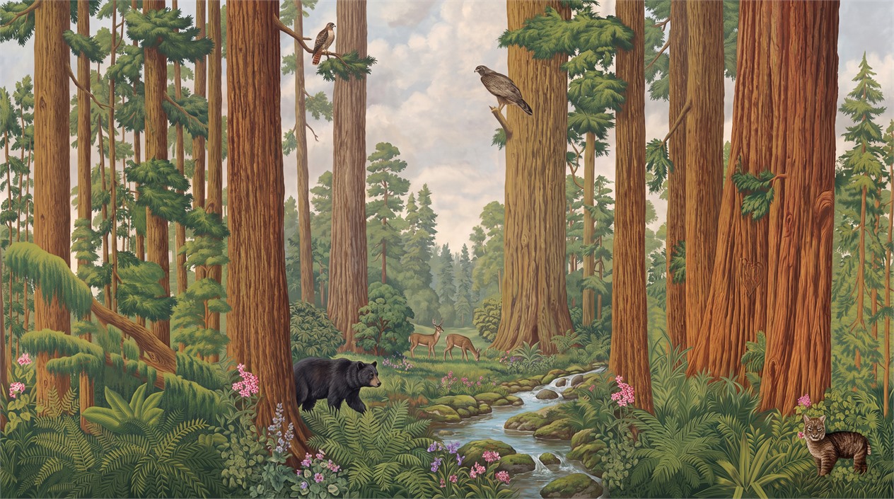 Redwood Forest Wildlife Bear Deer And Stream Wallpaper Mural — Wallpaper Mural Design, Peel-and-stick Finish