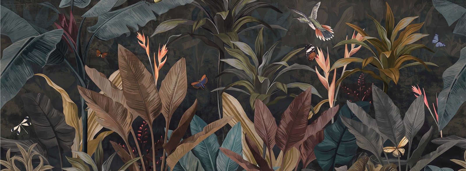 Dark Tropical Birds Butterflies And Foliage Wallpaper Mural — Wallpaper Mural Design, Peel-and-stick Finish