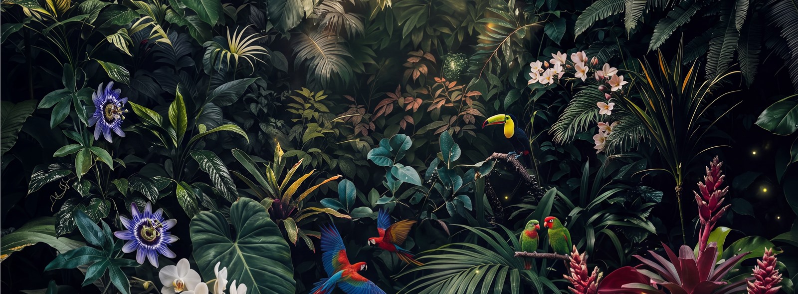 Dark Tropical Rainforest With Birds And Flowers Wallpaper Mural — Wallpaper Mural Design, Peel-and-stick Finish