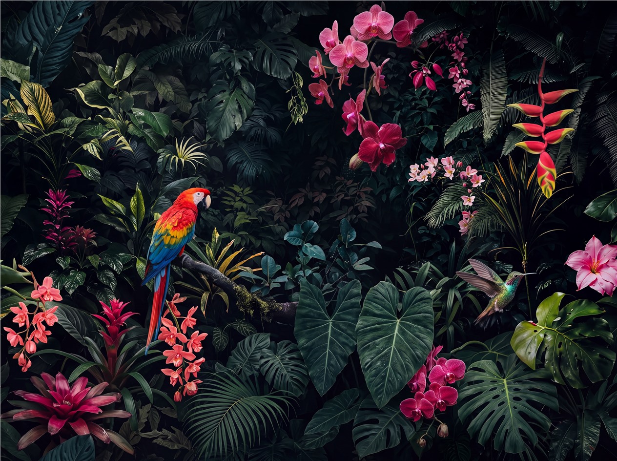 Tropical Rainforest Parrots And Orchids Wallpaper Mural — Wallpaper Mural Design, Peel-and-stick Finish