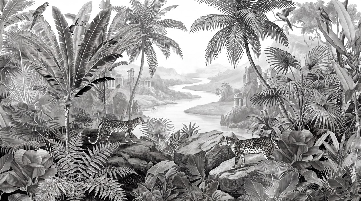 Monochrome Jungle River And Spotted Cats Wallpaper Mural — Wallpaper Mural Design, Peel-and-stick Finish