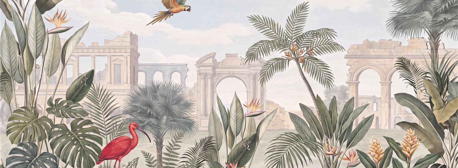 Tropical Birds Among Ancient Ruins Wallpaper Mural — Wallpaper Mural Design, Peel-and-stick Finish