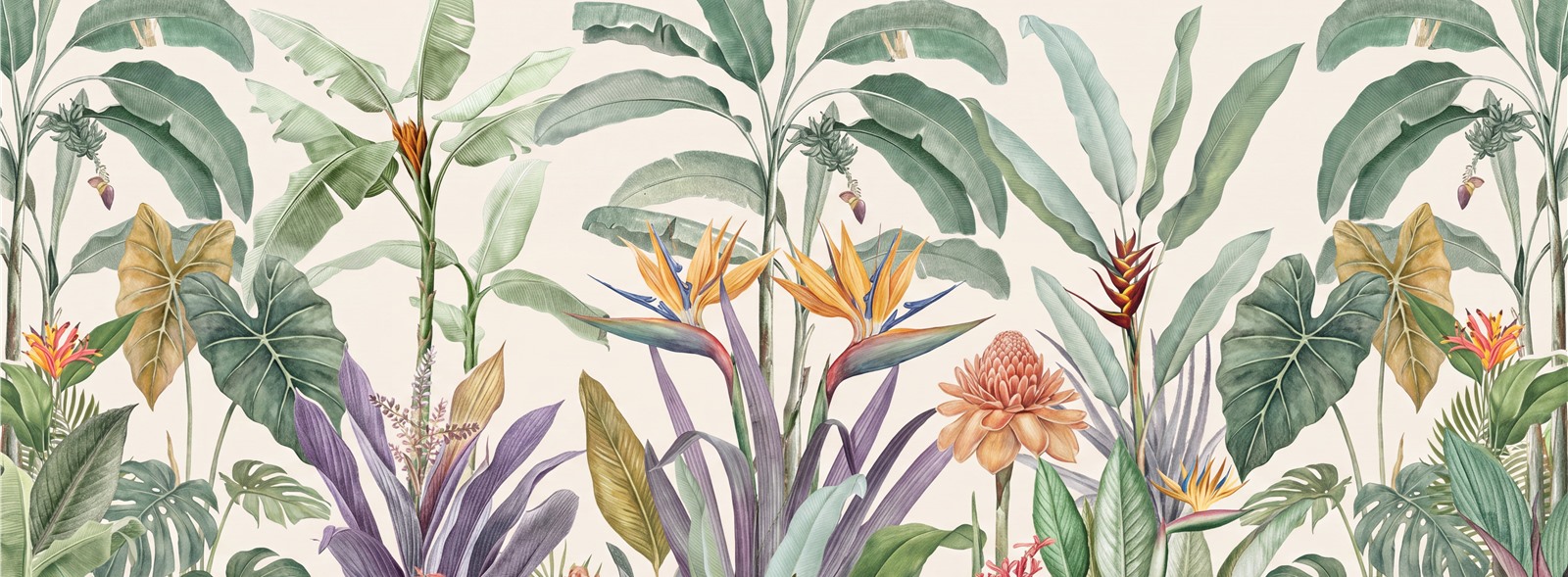 Pastel Tropical Botanical Flowers Wallpaper Mural — Wallpaper Mural Design, Peel-and-stick Finish