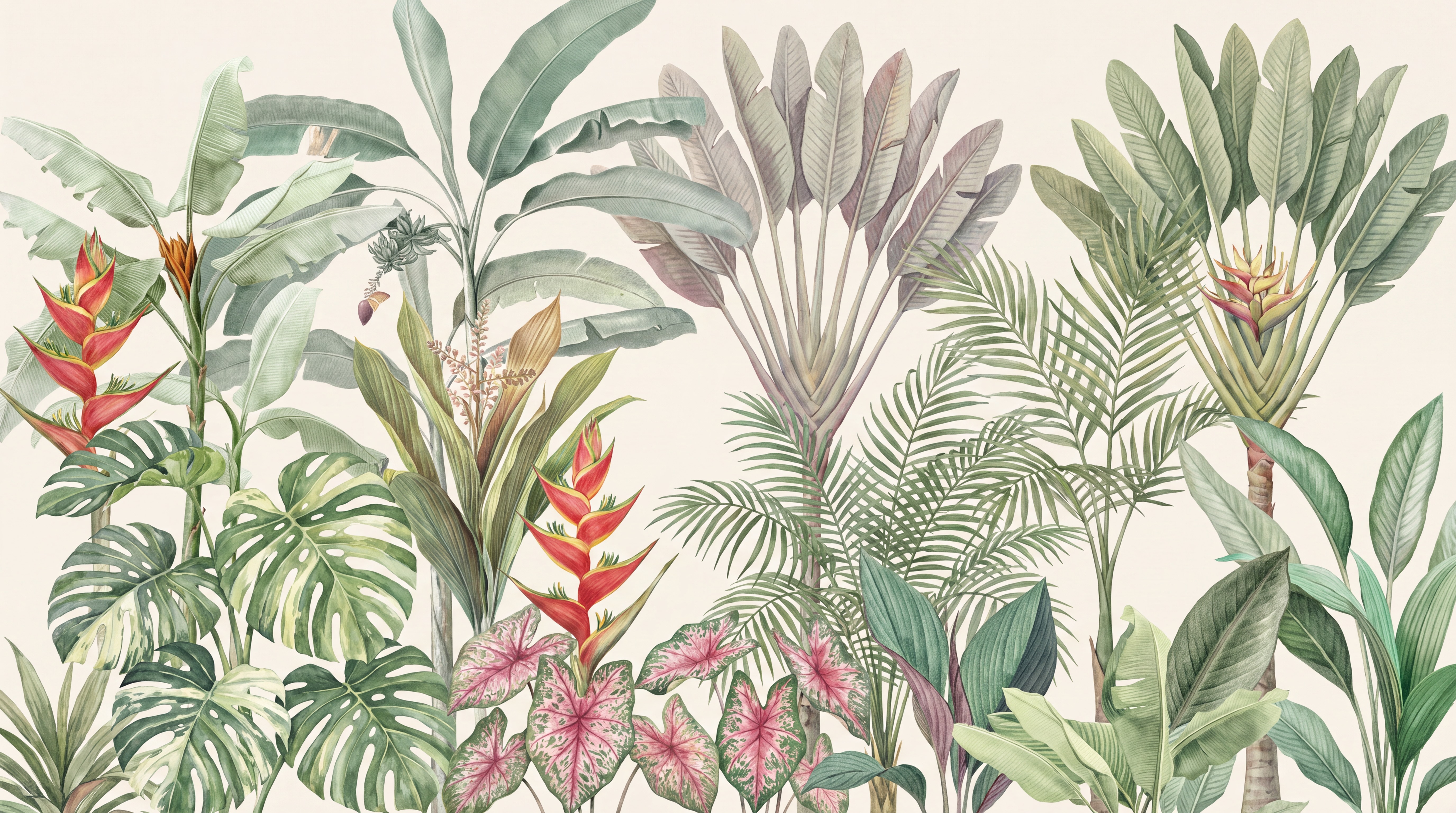 Red And Green Layered Jungle Foliage Wallpaper Mural, Peel-and-stick Finish
