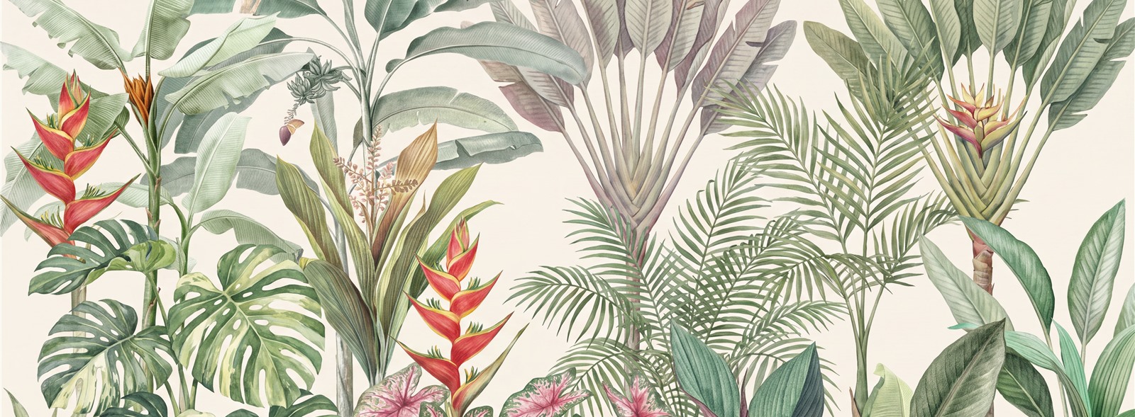 Red And Green Layered Jungle Foliage Wallpaper Mural Accent-wall-wallpaper-murals, Peel-and-stick Finish