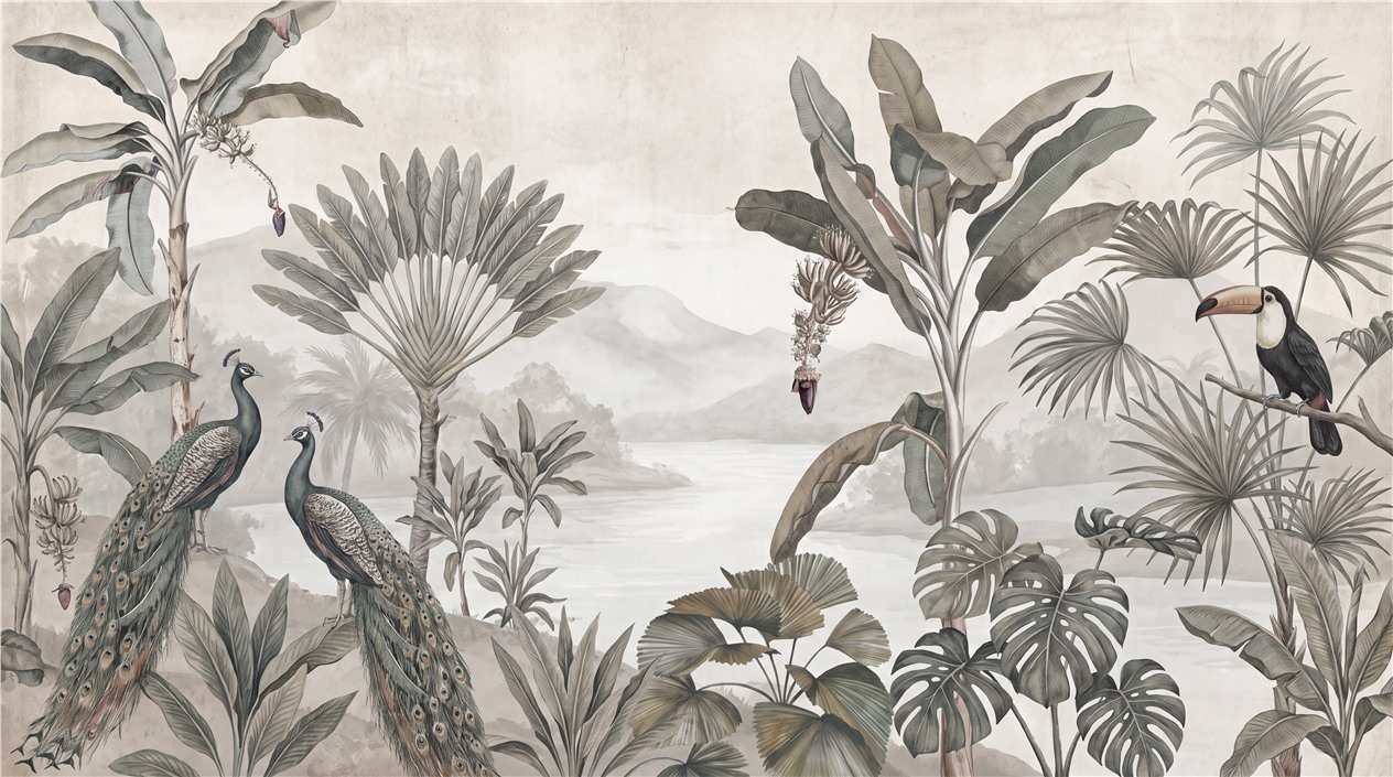 Peacocks And Toucan Among Tropical Leaves Wallpaper Mural — Wallpaper Mural Design, Peel-and-stick Finish