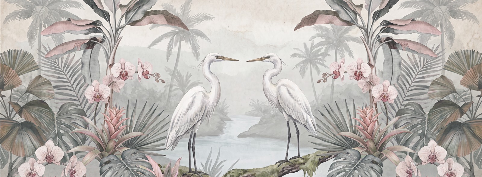 Pair Of White Egrets In A Blush Tropical Garden Wallpaper Mural — Wallpaper Mural Design, Peel-and-stick Finish