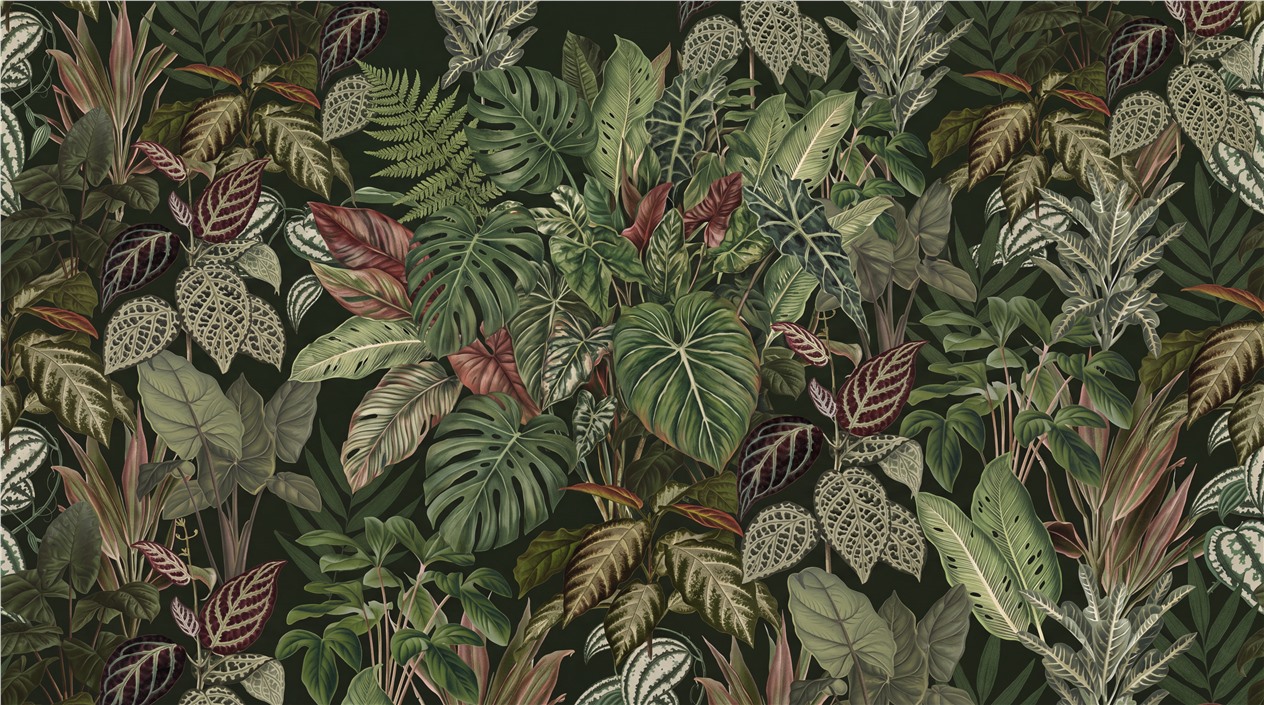 Black Layered Jungle Foliage Wallpaper Mural Accent-wall-wallpaper-murals, Peel-and-stick Finish