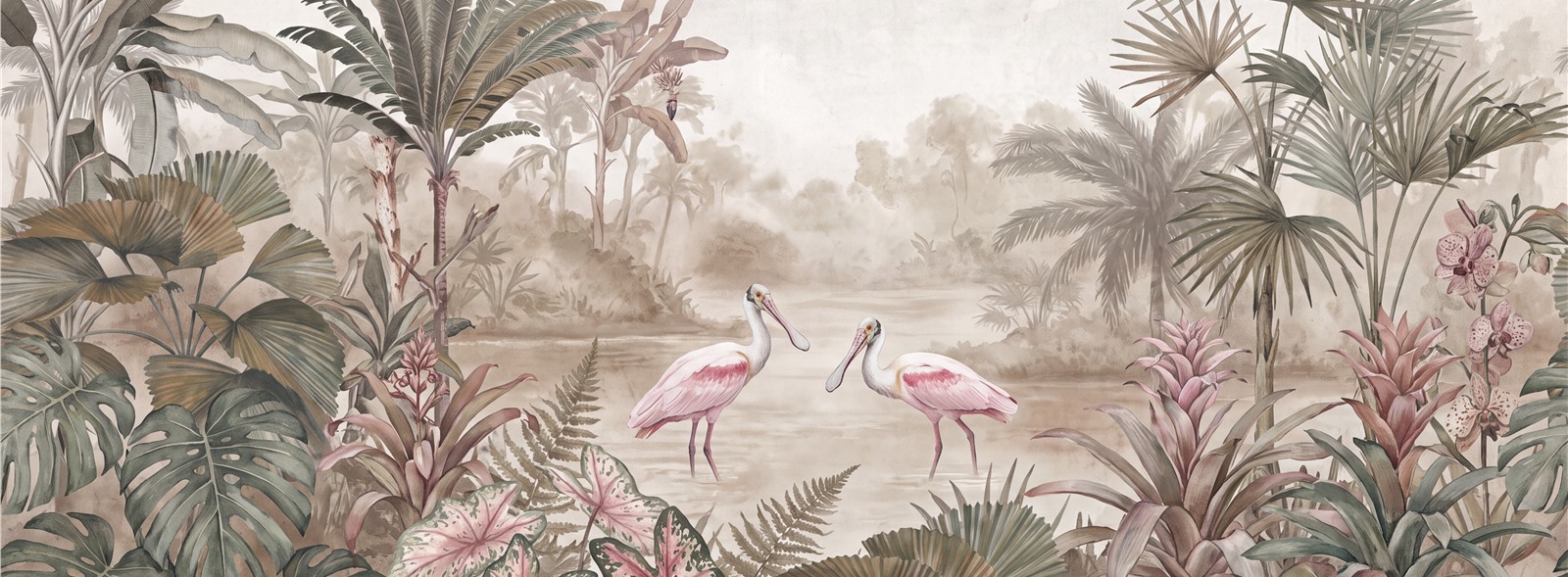 Pink Spoonbills In A Misty Tropical Wetland Wallpaper Mural — Wallpaper Mural Design, Peel-and-stick Finish