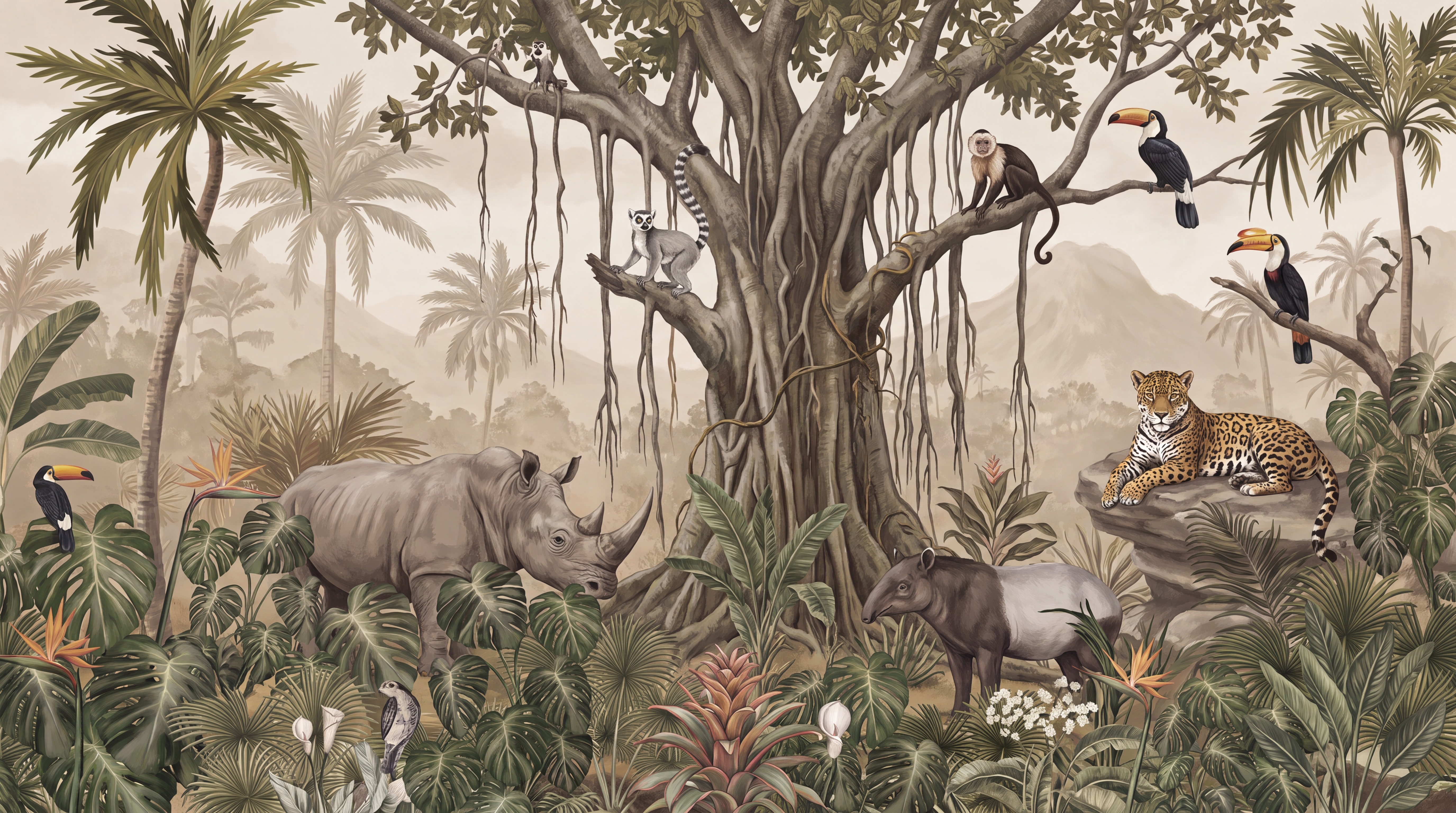 Neutral Layered Jungle Foliage Wallpaper Mural, Peel-and-stick Finish