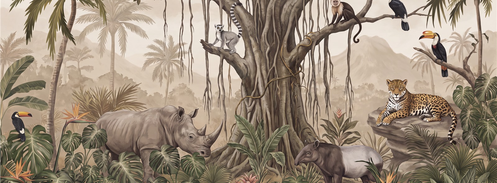 Neutral Layered Jungle Foliage Wallpaper Mural Feature-wall-wallpaper-murals, Peel-and-stick Finish
