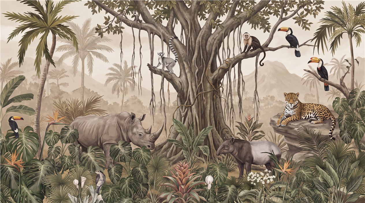 Neutral Layered Jungle Foliage Wallpaper Mural Feature-wall-wallpaper-murals, Peel-and-stick Finish