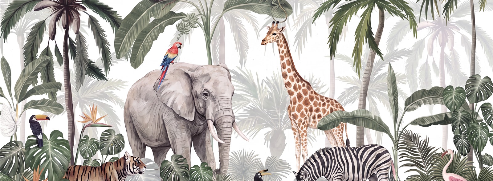 Ivory Animal Forms Wallpaper Mural Feature-wall-wallpaper-murals, Peel-and-stick Finish