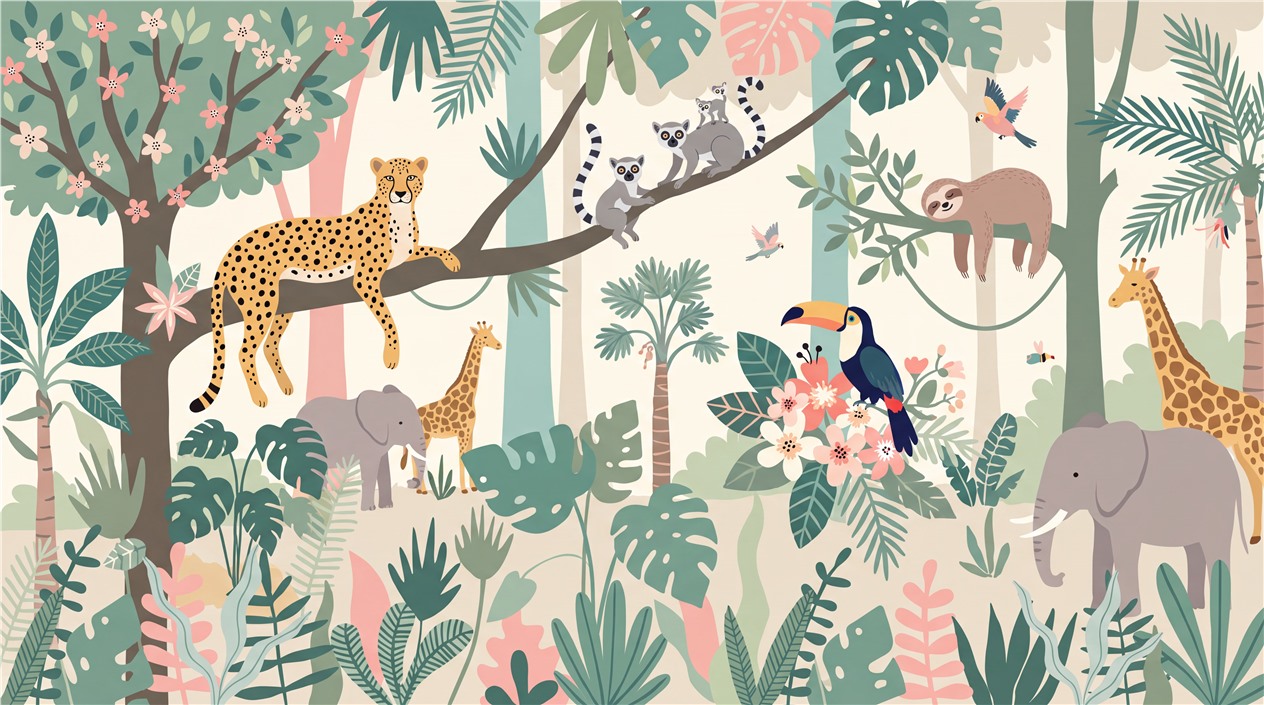 Pastel Jungle Animals And Flowers Wallpaper Mural — Wallpaper Mural Design, Peel-and-stick Finish