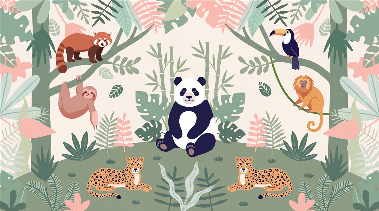 Playful Jungle Animals And Tropical Leaves Wallpaper Mural — Wallpaper Mural Design, Peel-and-stick Finish