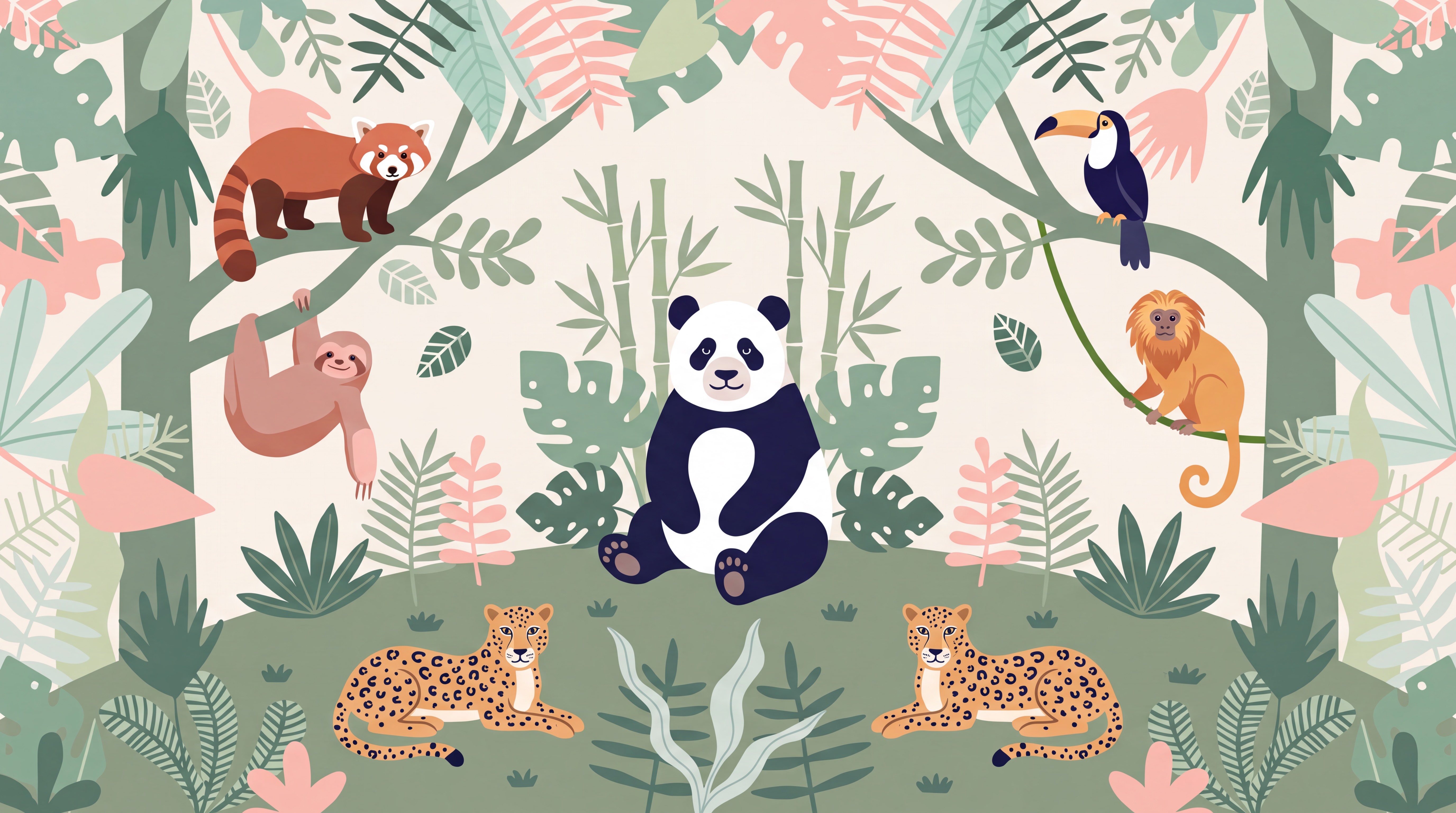Neutral Layered Jungle Foliage Decorative Wallpaper Mural Accent-wall-wallpaper-murals, Peel-and-stick Finish