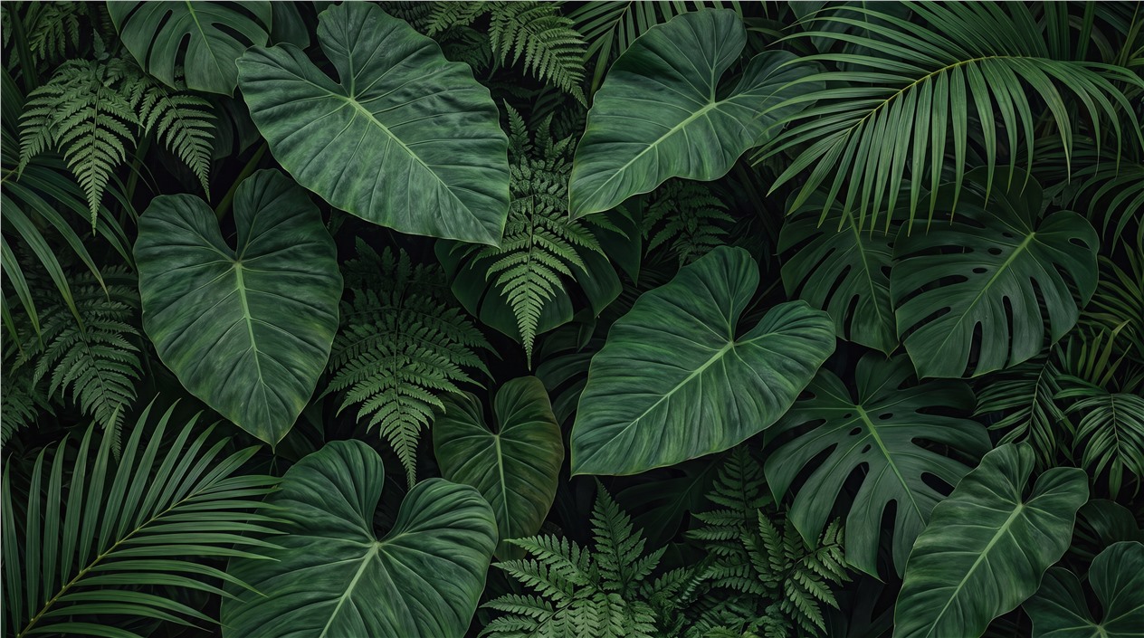 Deep Green Monstera And Palm Leaf Wallpaper Mural — Wallpaper Mural Design, Peel-and-stick Finish