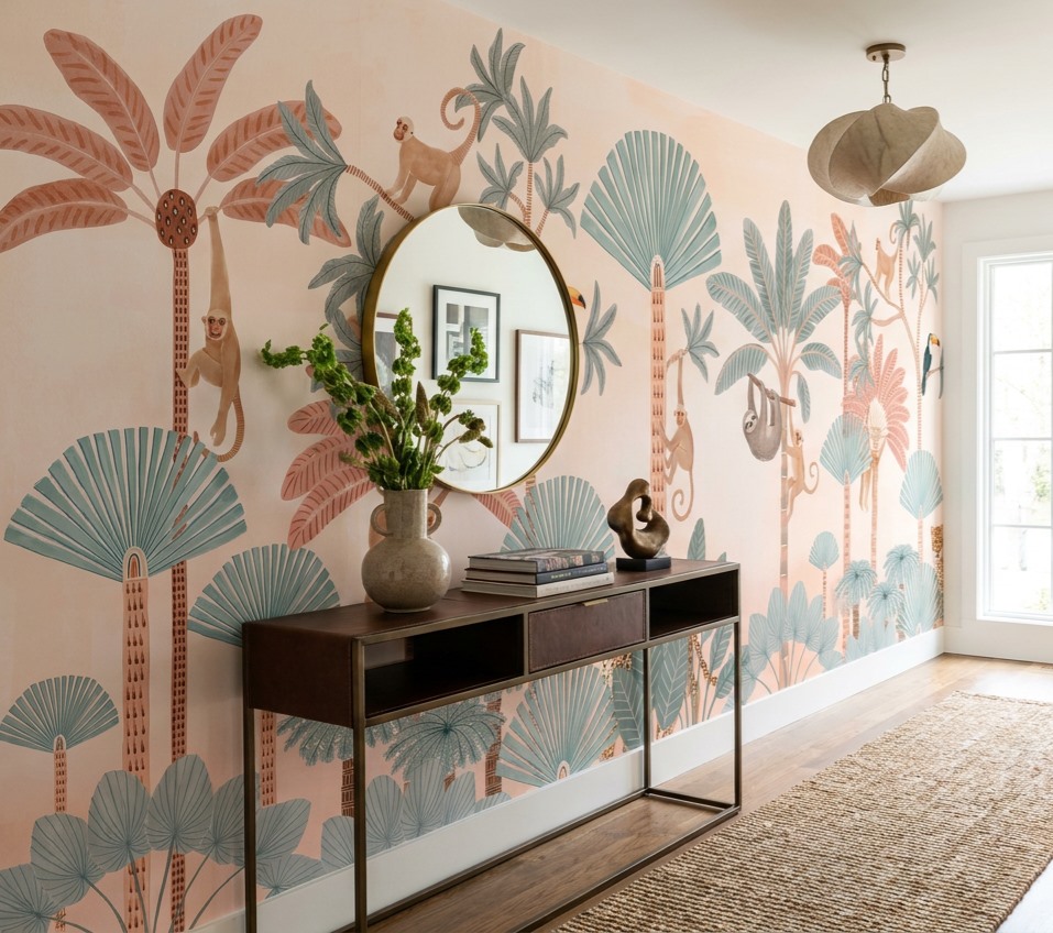 A Balanced Neutral Decorative Patterning Wallpaper Mural Hallway-wallpaper-murals, Peel-and-stick Finish