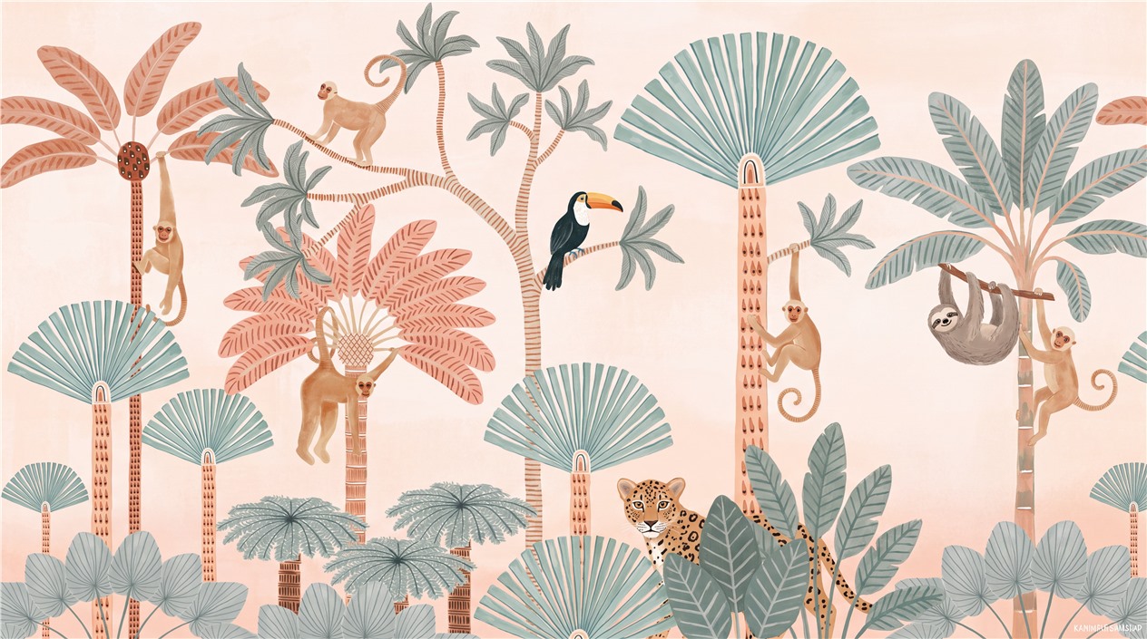 Monkeys Sloth And Spotted Leopard Tropical Wallpaper Mural — Wallpaper Mural Design, Peel-and-stick Finish