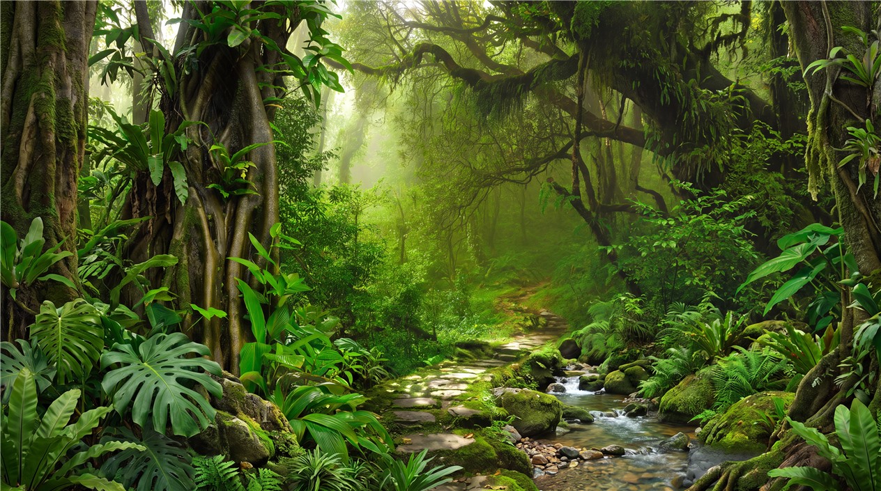 Red And Green Layered Jungle Foliage Wallpaper Feature-wall-wallpaper-murals, Peel-and-stick Finish