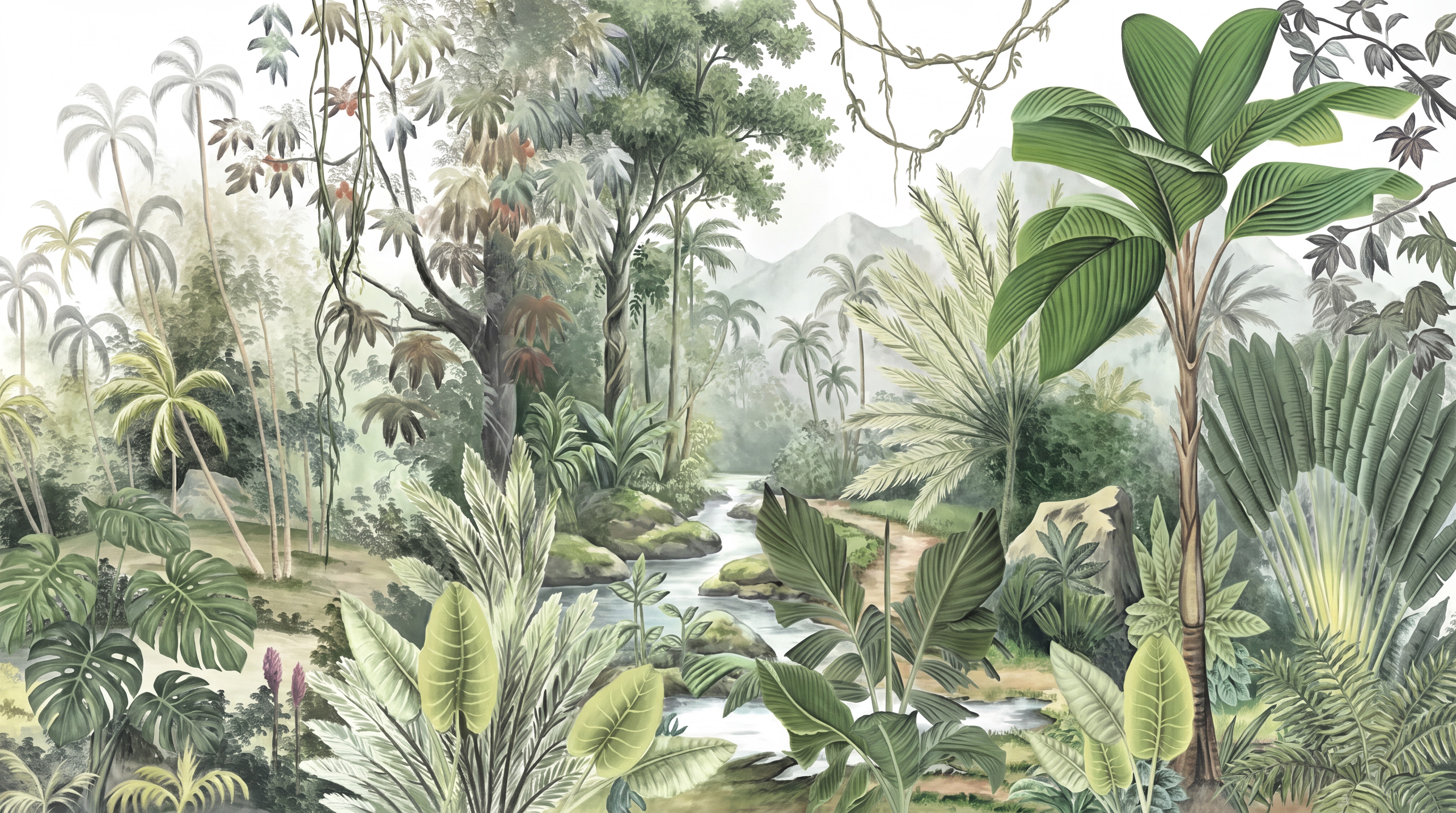 Green A Painterly Scenic View Wallpaper Mural, Peel-and-stick Finish
