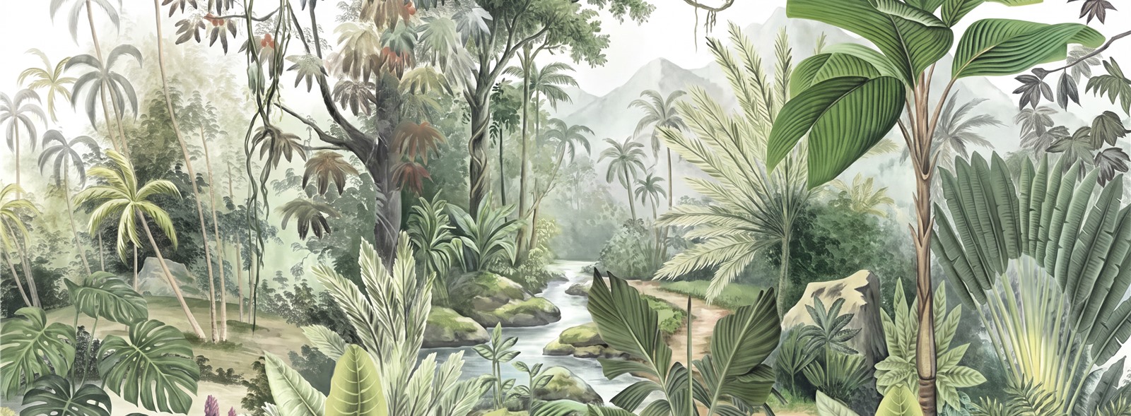 Green A Painterly Scenic View Wallpaper Mural Feature-wall-wallpaper-murals, Peel-and-stick Finish