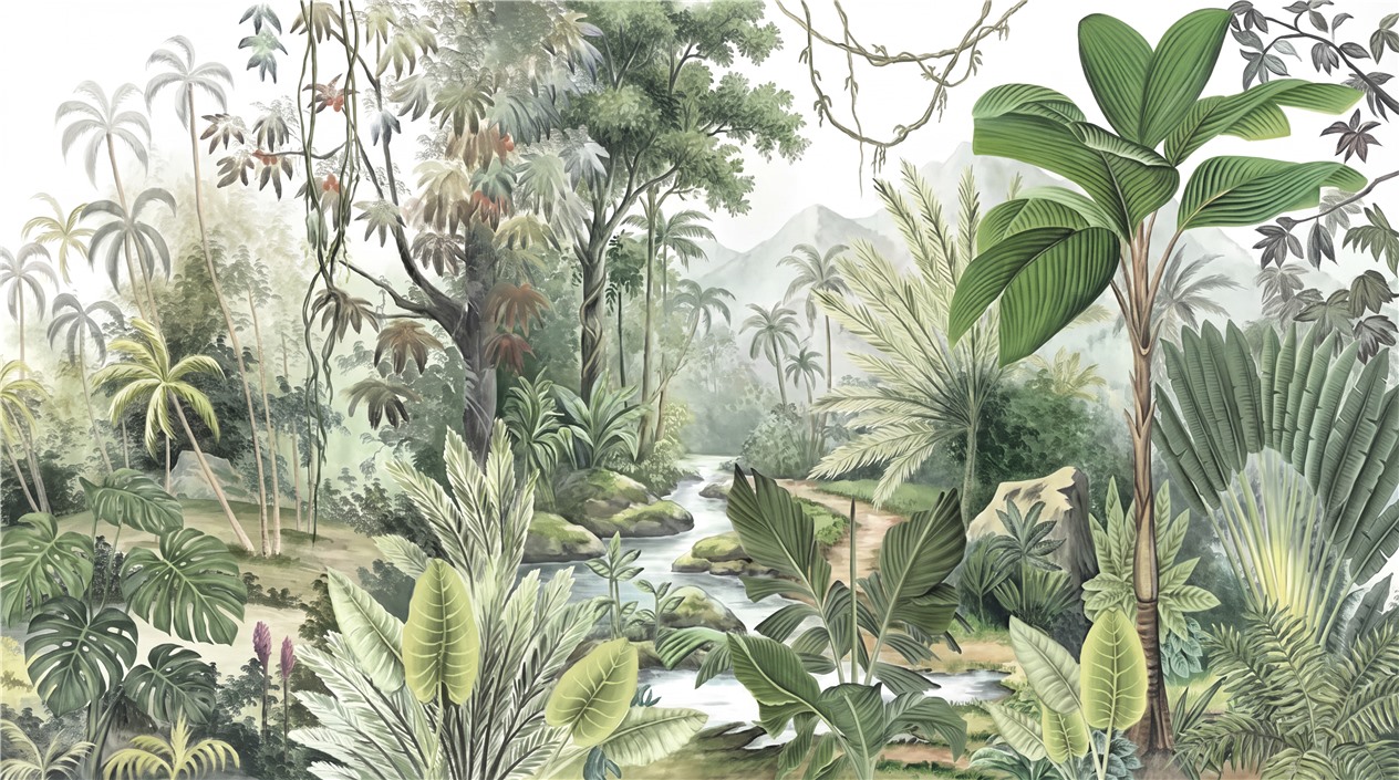Misty Tropical River Through A Dense Green Rainforest Wallpaper Mural — Wallpaper Mural Design, Peel-and-stick Finish