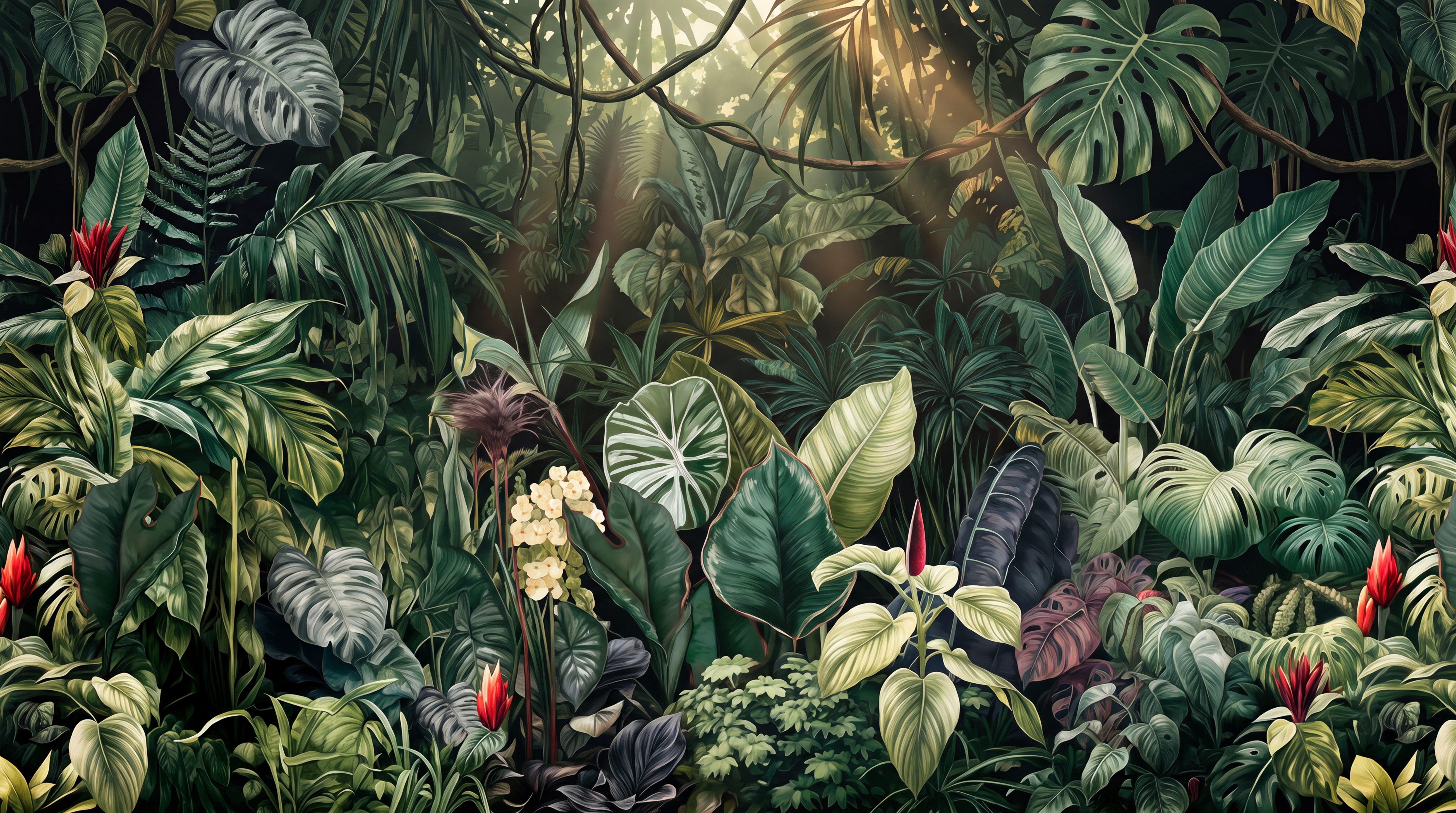 Green Layered Jungle Foliage Decorative Wallpaper Mural, Peel-and-stick Finish