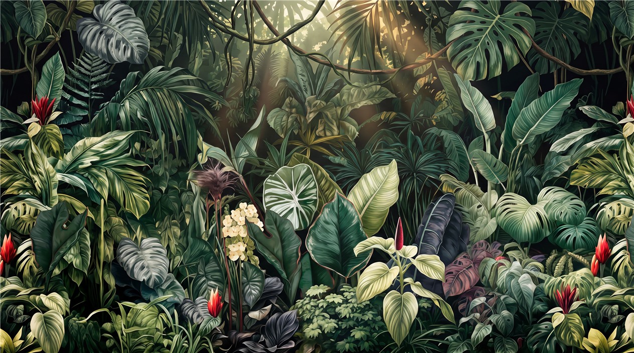 Green Layered Jungle Foliage Decorative Wallpaper Mural Accent-wall-wallpaper-murals, Peel-and-stick Finish