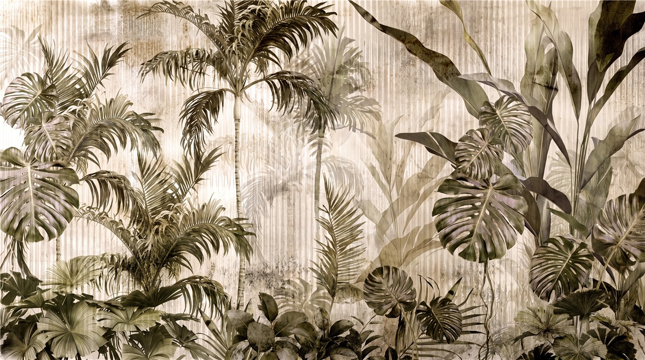 Tan And Neutral Palm Leaves Wallpaper Mural Accent-wall-wallpaper-murals, Peel-and-stick Finish