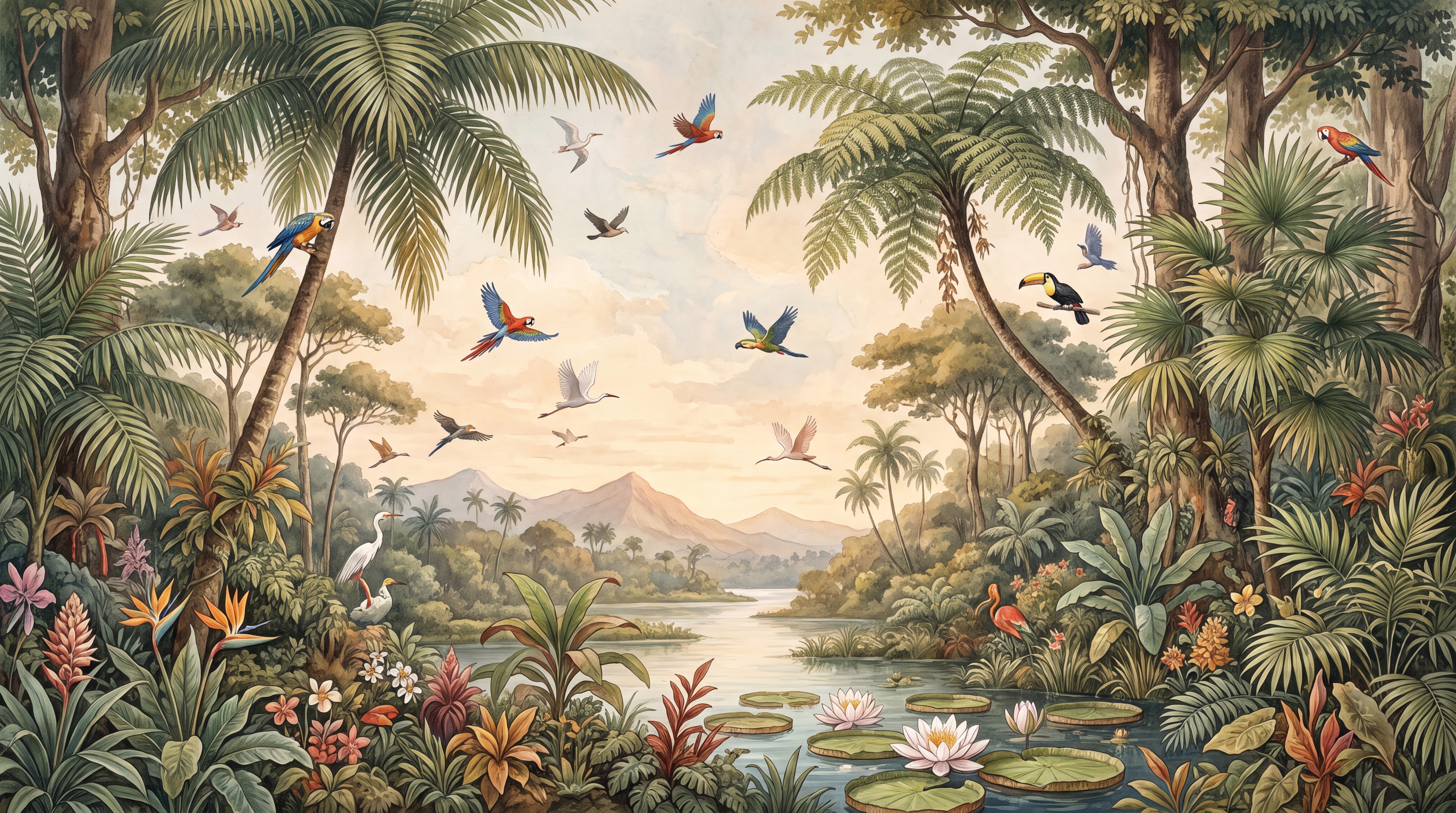 Undivided tropical mural artwork with palms, birds and a waterway