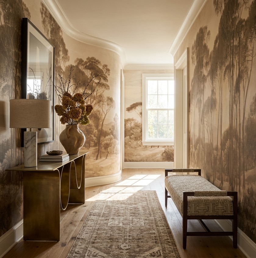 Sepia tree mural in a hallway with timber flooring, a console and a patterned bench